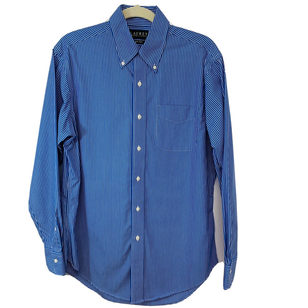 Lauren Ralph Lauren Non Iron Button Down Shirt Men 15 1/2 Stripe Blue All Cotton